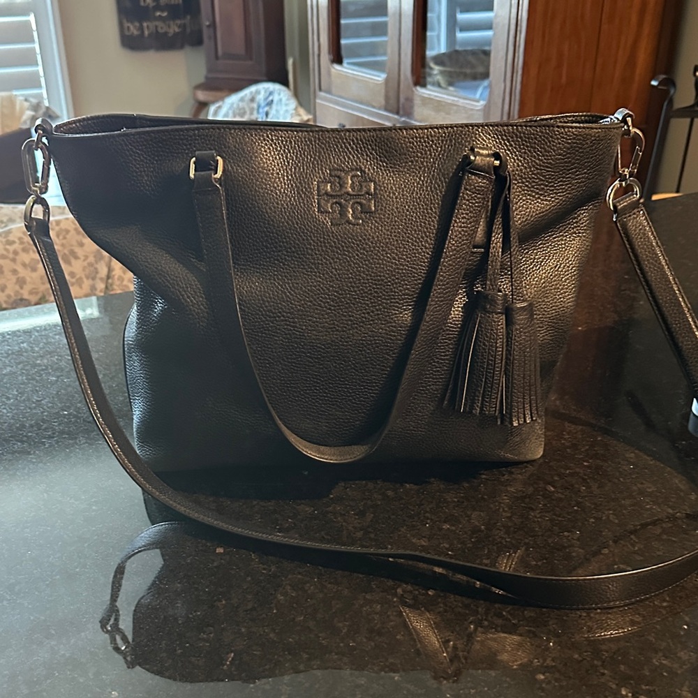 Tory Burch Black Leather Shoulder Tote with Tassel